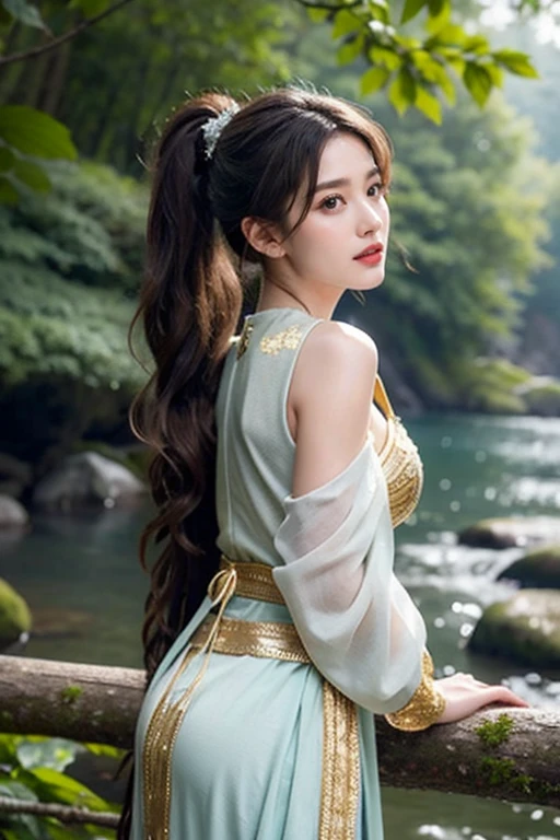 8K, ultra hd, masterpiece, very realistic, 1 girl, elegant, ornate, accessories, beautiful ancient archery costumes , 4 costumes, Japanese girl,  4 hairstyles - pig tail, ponytail, french briads, slong hair with side bangs, brown hair, brown eyes, perfect lips, icy eyes, no smile but elegant ,very detailed face and skin, best quality , holding, in the forest , near the waterfall 