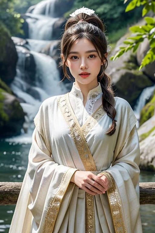 8K, ultra hd, masterpiece, very realistic, 1 girl, elegant, ornate, accessories, beautiful ancient archery costumes , 4 costumes, Japanese girl, 4 hairstyles - pig tail, ponytail, french briads, slong hair with side bangs, brown hair, brown eyes, perfect lips, icy eyes, no smile but elegant ,very detailed face and skin, best quality , holding, in the forest , near the waterfall