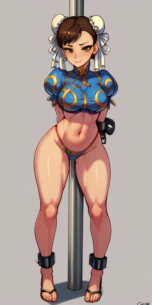 ((Masterpiece, 4k, plain background:1.2)) (handuffed behind her back)) Chun Li Street Fighter full body standing straight symmetrical, standing chained pole bondage sex slave, yellow tiger bikini print, happy closed mouth red cheeks