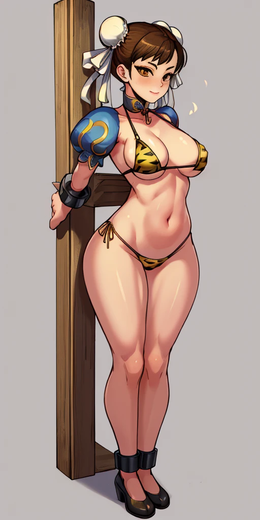 ((Masterpiece, 4k, plain background:1.2)) (handuffed behind her back)) Chun Li Street Fighter full body standing straight symmetrical, standing chained pole bondage sex slave, yellow tiger bikini print, happy closed mouth red cheeks