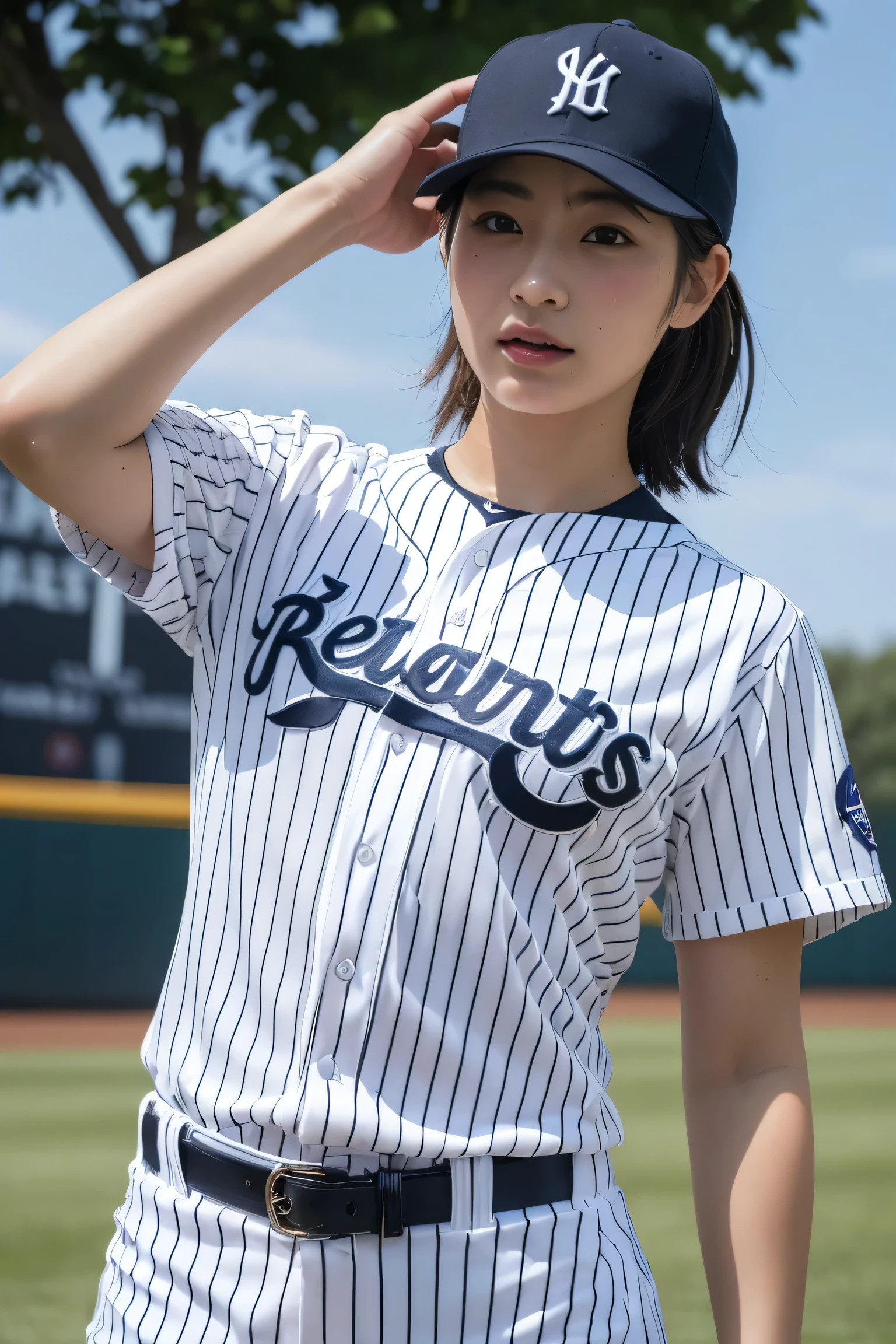 Girl playing baseball、Standing in the batter's box、Holding a bat、Wearing a baseball uniform、Very cute girl、