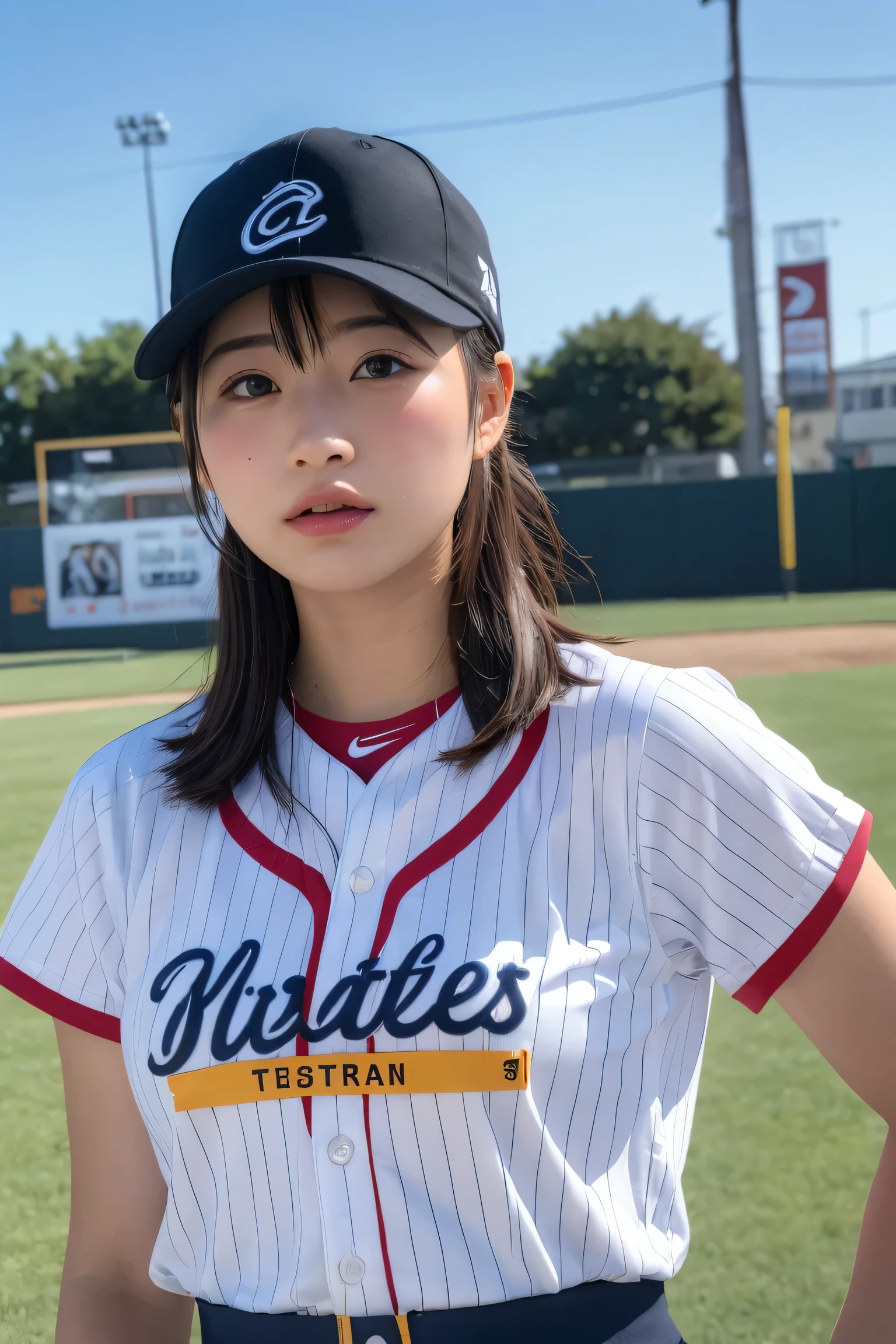(8k, RAW Photos,highest quality, High resolution:1.1), (Super realistic:1.4),(Realistic, Realistic:1.3),Japanese beauty、Upper Body、Softball Team - durable softball outfits with visors