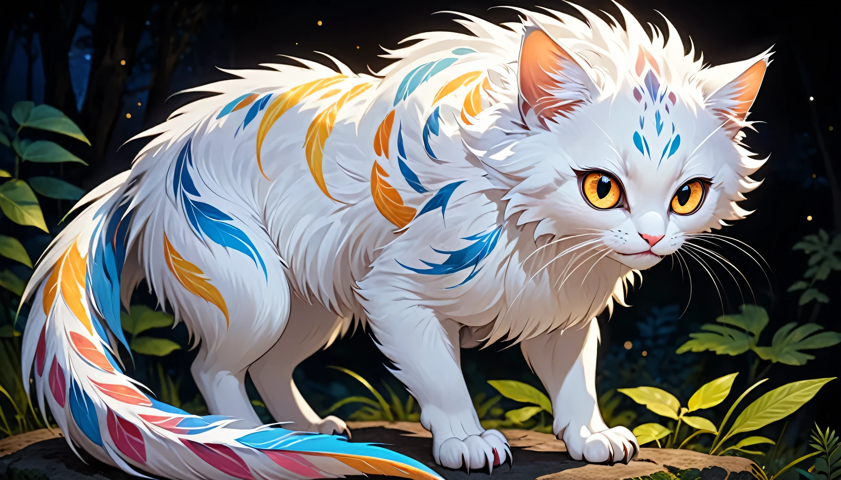 An endearing creature with a round face and large eyes.
Its soft fur is covered in a variety of colors and patterns.
It balances with its long tail and catches prey with its sharp claws.
Its eyes shine in the dark, allowing it to move freely even in the night.
Agile and curious by nature, it also has an affectionate side.