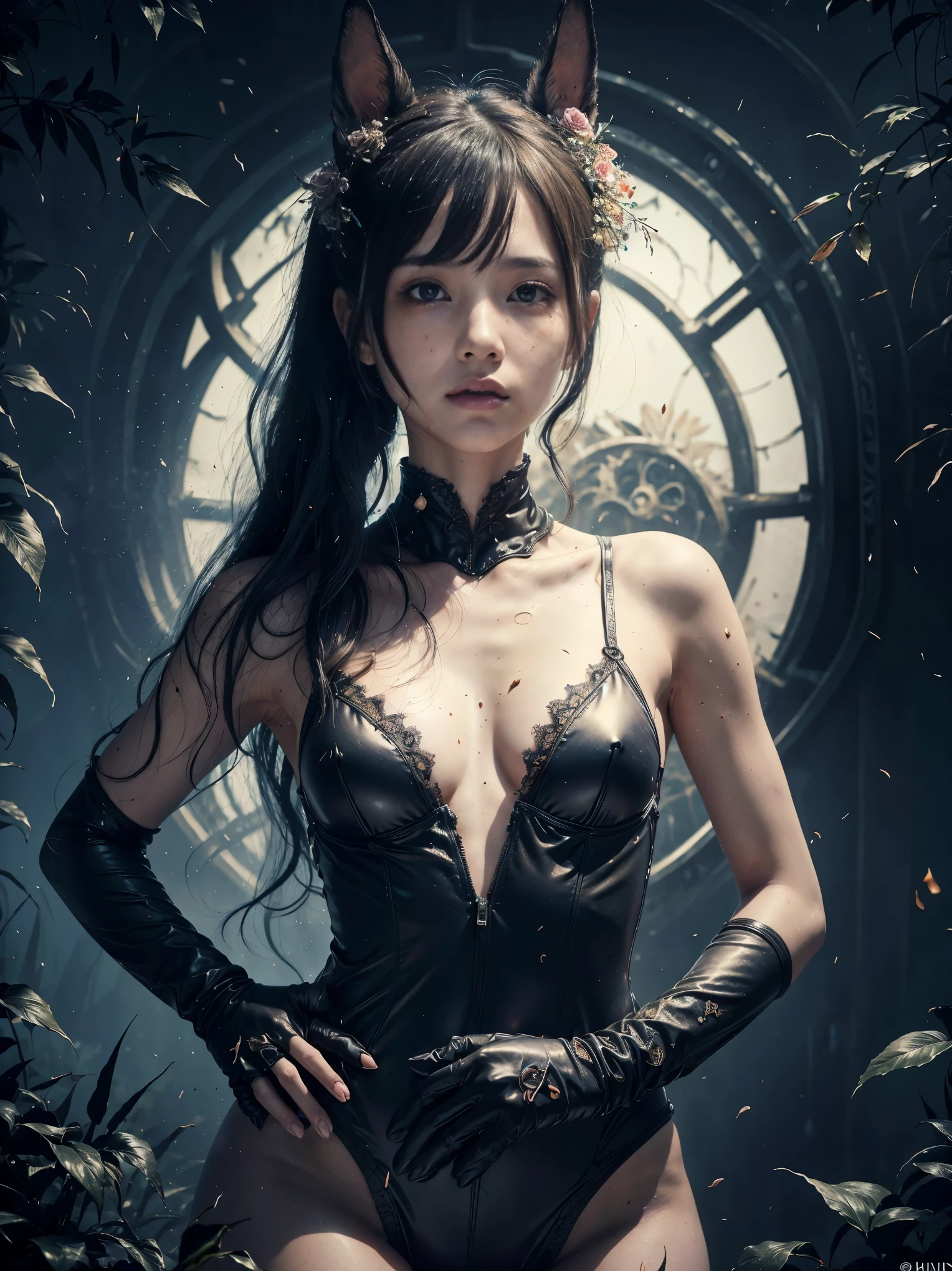 (((In 8K. HDR.Hyperrealism、masterpiece1.2、wlop1.2、Cinematic、detailed explanation、Live Photo 1.2, Highest quality 1.3、 Super detailed 1.3、masterpiece:1.3、Very detailed、Perfect Shading、Low angle full body shot 1.2、1 photo、Commercial Photography 1.4、Solo Photo、One beautiful woman)))、(Tired face、Dark circles under the eyes、Realistic skin with blemishes and freckles、Perfect Anatomy)(((One Woman、Solo Photo、Full body photo)))、((Simple Background、Black floral wallpaper、Black Floral Background)))、(((Bunny girl、Bunny ears、Full body enamel suit、Tight bodysuit、Bodysuit that shows off your body line beautifully、Black Leather Gloves、pantyhose、High heels)))(((Japanese women, 18-year-old、small顔1.4、、Straight bangs、length、Straight hair、Beaver、Black-haired、Five-finger body image 1.4)))、(small 、胸筋がsmall腕と脚、Waist circumference、Skin detail with veins glistening with sweat、Detailed skin with visible pores、Realistic, Detailed skin of downy hair, リアルでDetailed skin、Very detailedで美しい顔、Beautiful and well-proportioned face、Very cute face、Darkening of the armpits、Detailed skin)