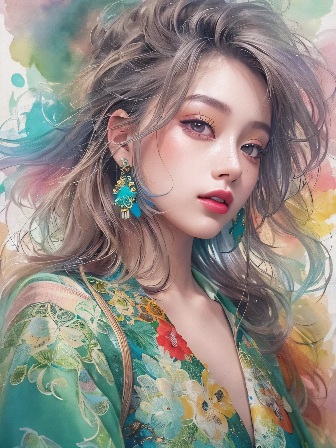 TAO Style、(((stylish fashion))), 8K Quality、Intense watercolor, Detailed watercolor art, Watercolor splash, Surreal, avant-garde pop art, Beautiful and expressive paintings, Beautiful artwork illustration, Very colorful tones, wonderful, Cool beauty, highest quality、Official Art, Vector art, Stylish design, (((The most beautiful girl))), (((highest quality))), HDR, ((detailed)), (((Doodle Art)), ((masterpiece)), ((Super detailed)), (((Stylish))),