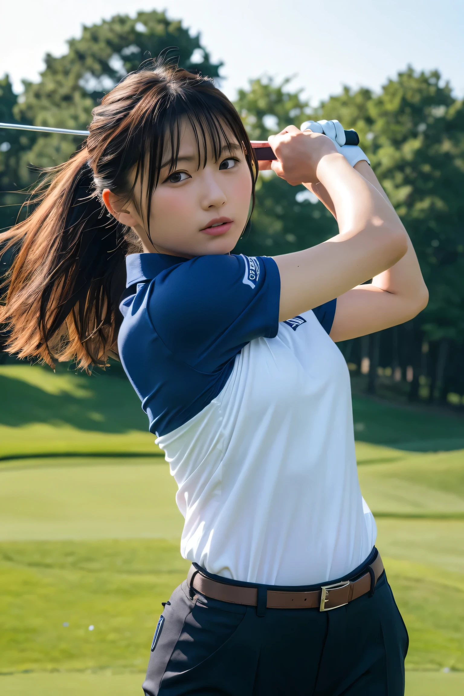 (8k, RAW Photos,highest quality, High resolution:1.1), (Super realistic:1.4),(Realistic, Realistic:1.3),Japanese beauty、Upper Body、Golf Team - smart golf shirts and trousers.