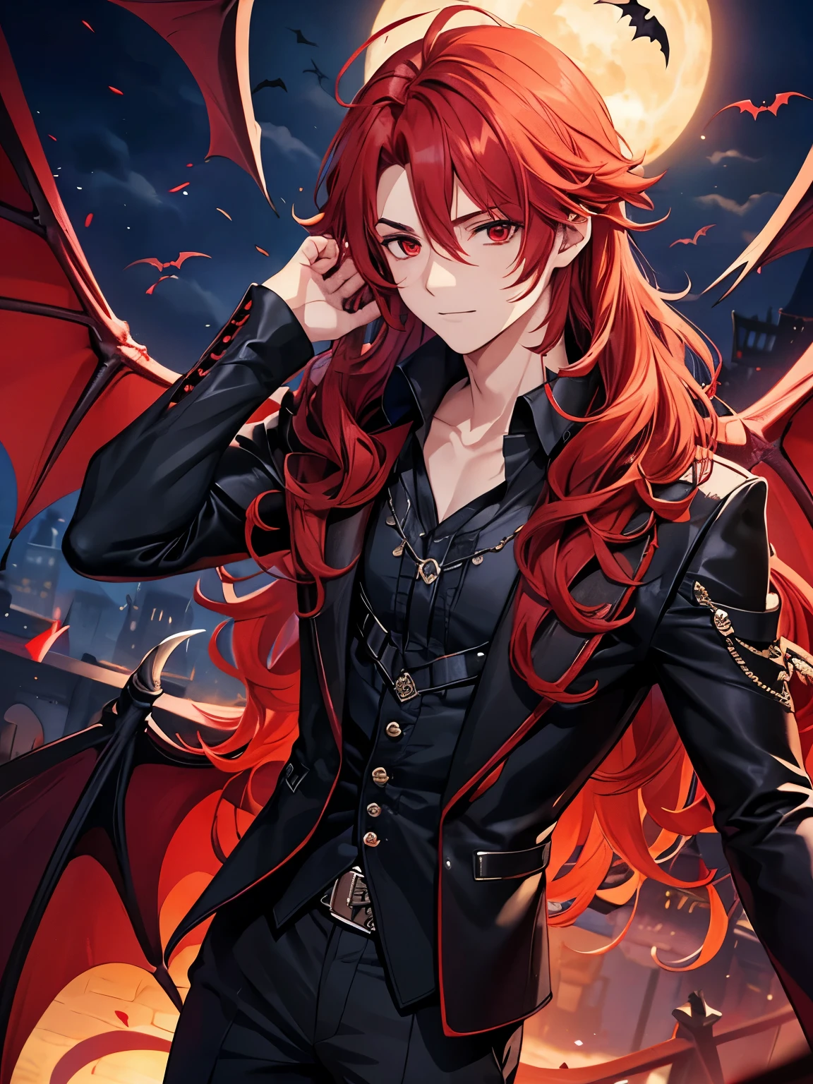 1boy,cool style,Bat wings on his back, flying in the sky,handsome,Curly hair, red hair, red eyes, shoulder length hair, vampire, handsome, Vampire outfit ,half body photo