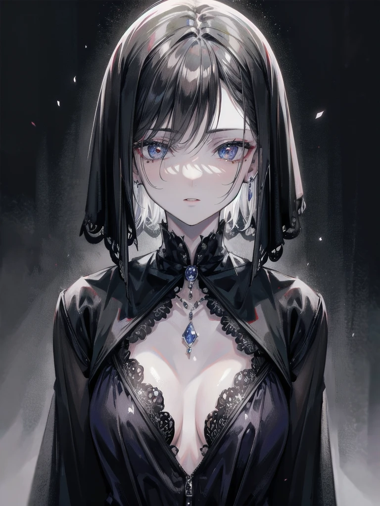grim reaper, absurdres, RAW photo, extremely delicate and beautiful, masterpiece, Best Quality, ultra high resolution, 32k, hyperrealistic, ultra-detailed, detailed description, pale skin, 20 years old, tearful mole, earring, short medium hair, wavy hair, whole body shot,