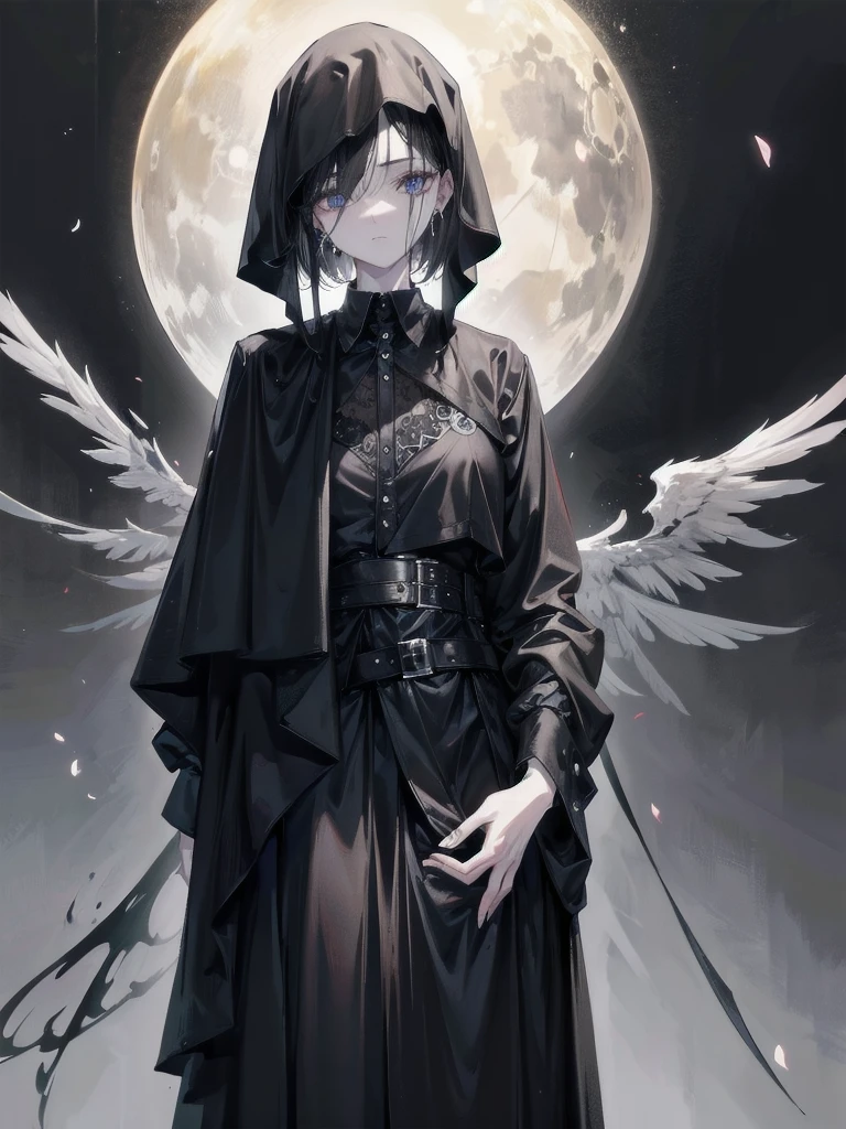 grim reaper, absurdres, RAW photo, extremely delicate and beautiful, masterpiece, Best Quality, ultra high resolution, 32k, hyperrealistic, ultra-detailed, detailed description, pale skin, 20 years old, tearful mole, earring, short medium hair, wavy hair, whole body shot,