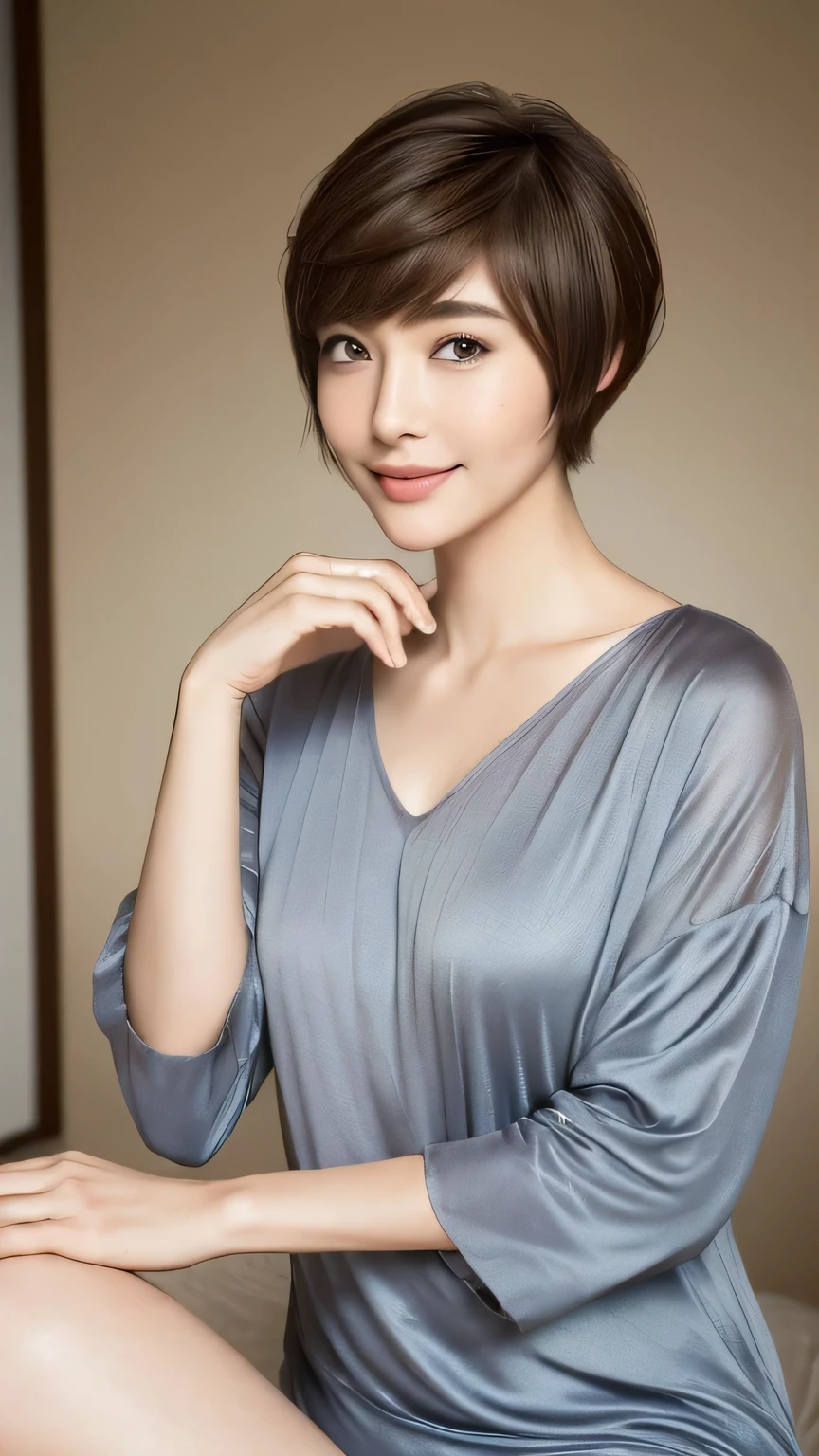 ((highest quality, 8k, masterpiece: 1.3)), 1 female, Japanese Mature,Sensual beauty: 1.3, (Hairstyle Brown Hair Pixie Cut: 1.2), Nightwear: 1.1, Super slender face, Delicate eyes, double eyelid, Dimples,Mole, Home,relax,smile,Plump body,very thick legs,