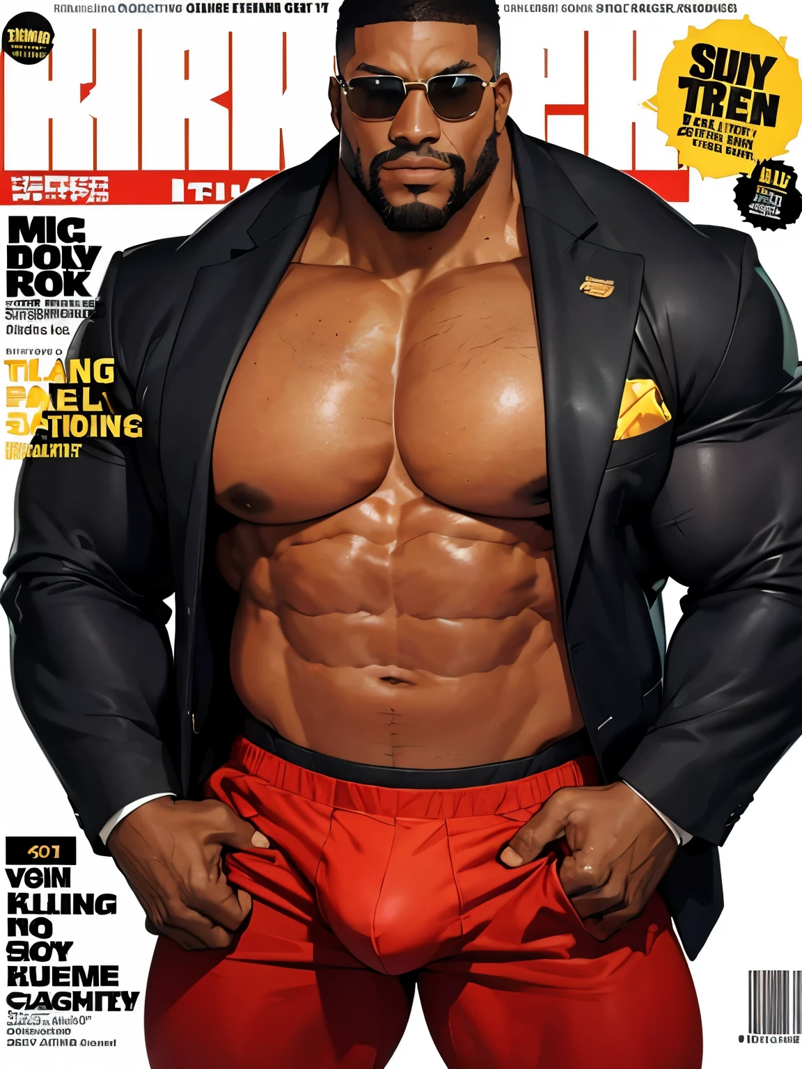 (magazine cover), with text, solo, 1boy, (Huge Muscular black man as a security guard, shirtless, wearing black suit) (short hair), pectoral, sunglasses, abnormal muscle size, very big muscle, (tan skin: 1.2), (crotch bulge: 1.2), absurdly muscle size, huge pectoral, wide pectoral, (bara pecs: 1.4), short hair, short bearded, simple background, masterpiece, high detailed, 8k, high resolution, --style 250, -- v 6.0