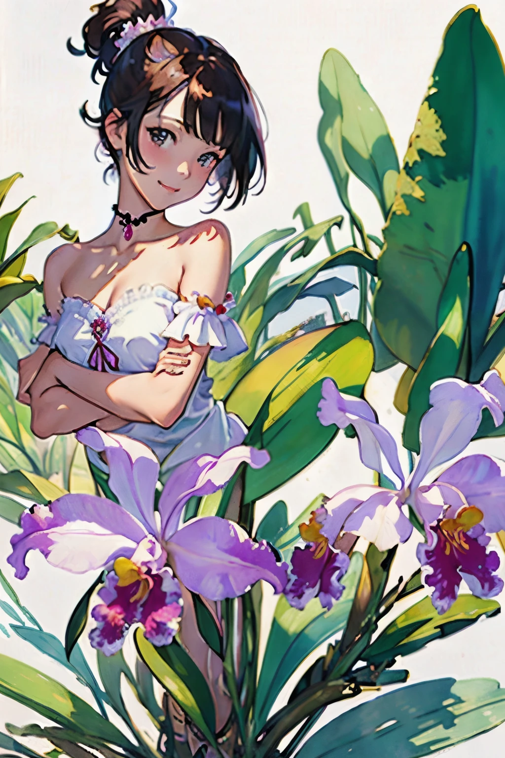 (highest quality、High resolution、masterpiece)、4K Anime Art、((Cattleya, Three Flowers, close, whole body, full bloom, ))、(Fairy、Short Hair、A kind smile、Small breasts)、Soft Focus、((Sargent-style watercolor))、((White Background))、(No background)、Blur the background、