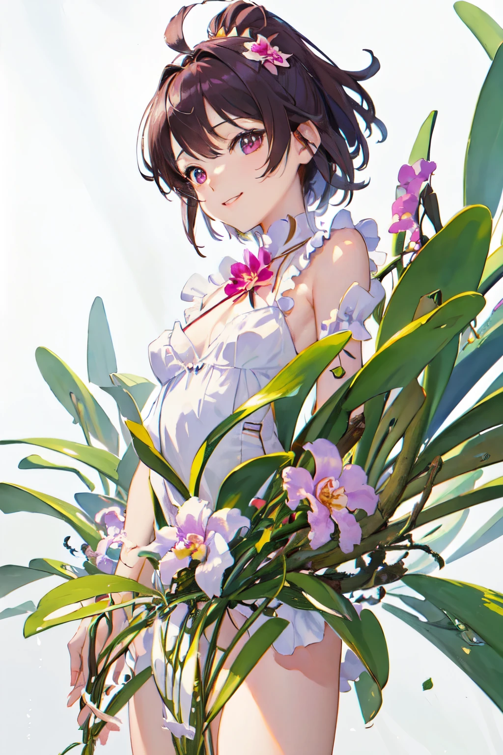 (highest quality、High resolution、masterpiece)、4K Anime Art、((Cattleya, Three Flowers, close, whole body, full bloom, ))、(Fairy、Short Hair、A kind smile、Small breasts)、Soft Focus、((Sargent-style watercolor))、((White Background))、(No background)、Blur the background、
