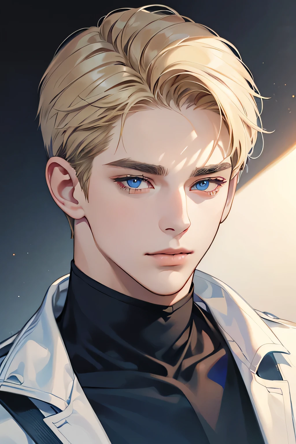 masterpiece, best quality, 1man, mature male, quiet and charming young man, 25 year old, closed mouth, portrait, extremely detailed face, closed mouth, lips nude ((blue carolina eyes)), ((short-blonde hair)), [thick eyebrows], handsome, half body, with black Turtleneck shirt, look at camera, 