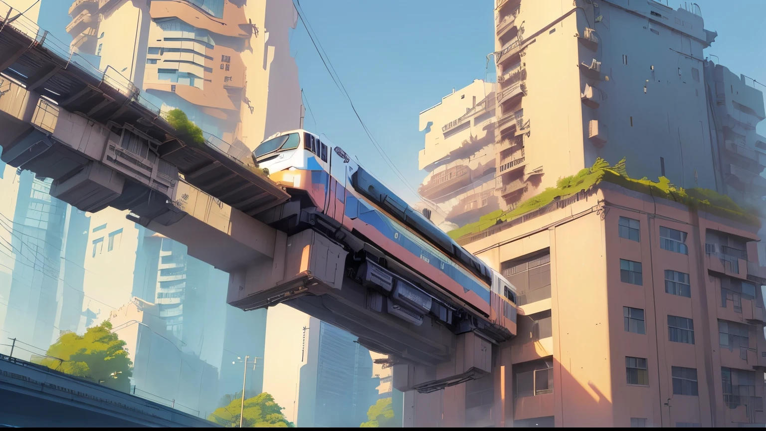 A train is passing a bridge in the city, Urban concept art, cyberpunk elevated train, Monorail, Low Detail. number, 详细的number概念艺术, Anime style cityscape, author：sylvain sarrailh, Ross Chen. Landscape background, 4k hd illustration wallpaper, A beautiful artistic illustration, concept art wallpaper 4k