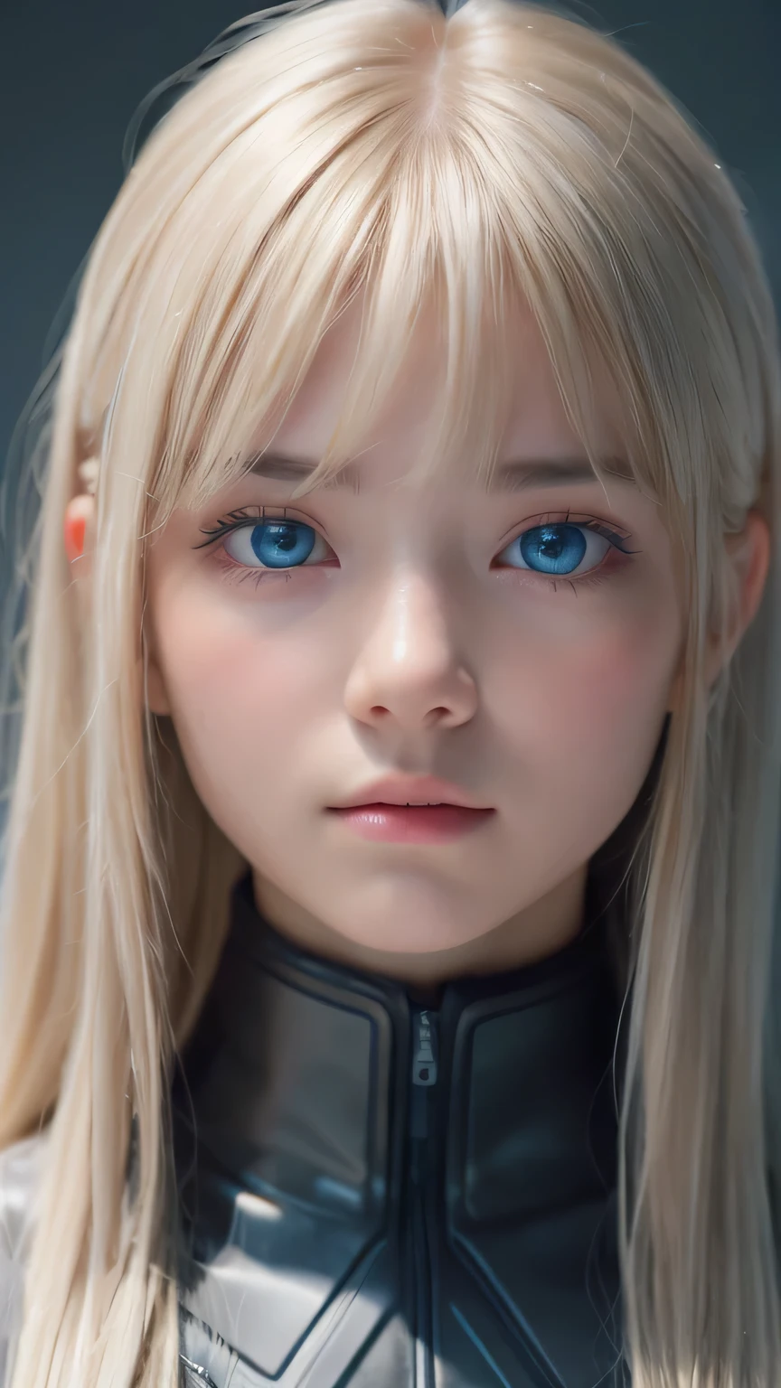 highest quality、8k Masterpiece、Ultra-high resolution、(Realistic:1.3)、RAW Photos、14 year old Scandinavian girl with shiny blonde hair、Silvery blonde hair、Super long straight hair、目とBangs between the eyes、bangs on the face、Bangs that cover the eyes、片Bangs that cover the eyes、Bangs between the eyes、White and glowing skin、1. Cyberpunk Super Beautiful Soldier、((Ultra-Realistic Details))、Portraiture、Global Illumination、Shadow Realm、Octane Rendering、8k、Ultra Sharp、Metal、Cool colors、、Very intricate detail、Realistic Light、Trends of the CG Association、so beautiful, Big bright blue eyes、Very big eyes、Eyes shining at the camera、Neon Details、Small Face Beauty、Round face、Cheek highlight