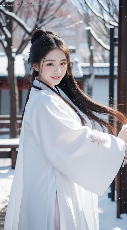 best quality, 4k picture quality, 1 Girl, White Hanfu, snow, Long hair fluttering in the wind, A healing smile, Large aperture, Blurred background