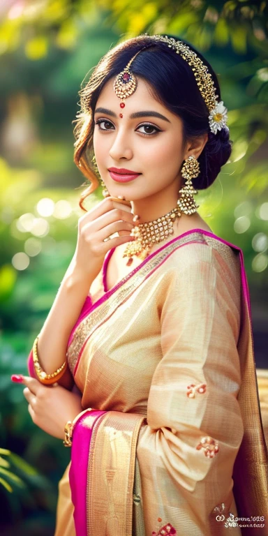 (best quality,4k,8k,highres,masterpiece:1.2),ultra-detailed,(realistic,photorealistic,photo-realistic:1.37),Indian girl,beautiful detailed eyes,beautiful detailed lips,extremely detailed eyes and face,longeyelashes,stunning saree,colorful traditional attire,fine embroidery,brightly colored patterns,flowing fabric,graceful pose,natural surroundings of a garden, blooming flowers,lush greenery,soft sunlight streaming through the trees,subtle hues of pink, orange, and gold,portraits,Indian culture and tradition,beauty and elegance,sophisticated charm,vibrant colors.