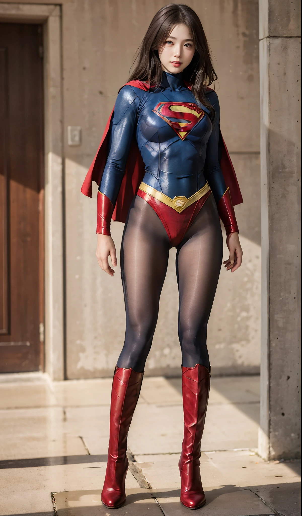No background、(((Beautiful legs in black tights.)))、(((Legally express the beauty of your smile)))、((((Make the most of your original images)))、(((Body-fitting Supergirl costume)))、(((Supergirl Costume)))、(((Beautiful Hair)))、(((suffering)))、(((Please wear black tights....、Wear red boots)))、((Best image quality、8k))、((highest quality、8k、masterpiece:1.3))、(((Preserve background )))、Sharp focus:1.2、Beautiful woman with perfect figure:1.4、Slim Abs:1.2、Wet body:1.5、Highly detailed face and skin texture、8k