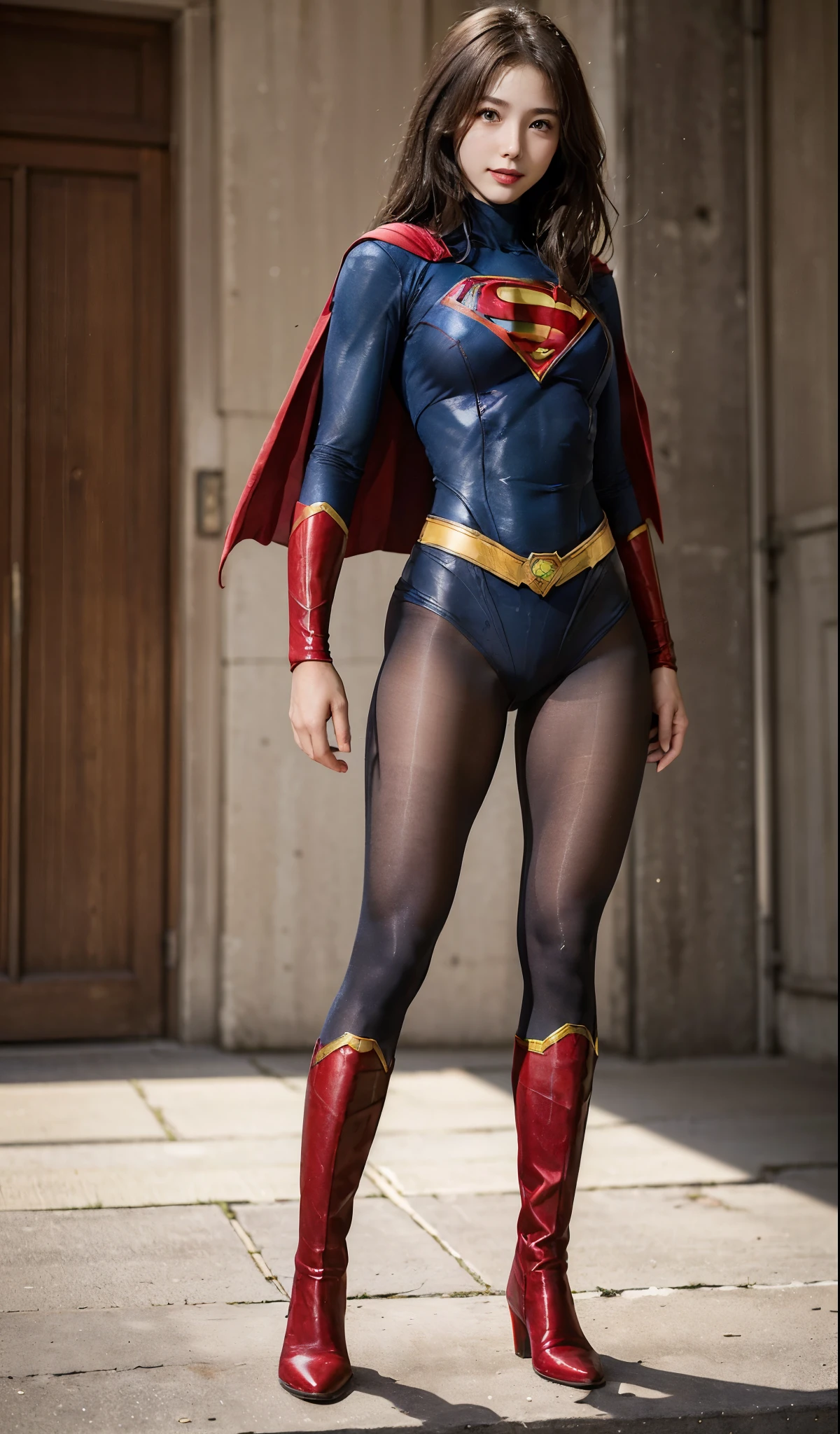 No background、(((Beautiful legs in black tights.)))、(((Legally express the beauty of your smile)))、((((Make the most of your original images)))、(((Body-fitting Supergirl costume)))、(((Supergirl Costume)))、(((Beautiful Hair)))、(((suffering)))、(((Please wear black tights....、Wear red boots)))、((Best image quality、8k))、((highest quality、8k、masterpiece:1.3))、(((Preserve background )))、Sharp focus:1.2、Beautiful woman with perfect figure:1.4、Slim Abs:1.2、Wet body:1.5、Highly detailed face and skin texture、8k