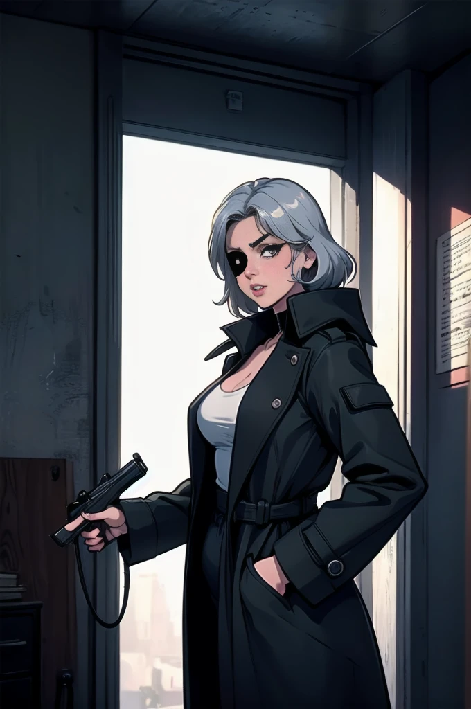 imagined a cartoon sexy milf whit silver hair and a eye patch on the left eye detective woman in a trench coat holding a revolver in 1950 black and white thriller movie, 50's, retro, spy movie,