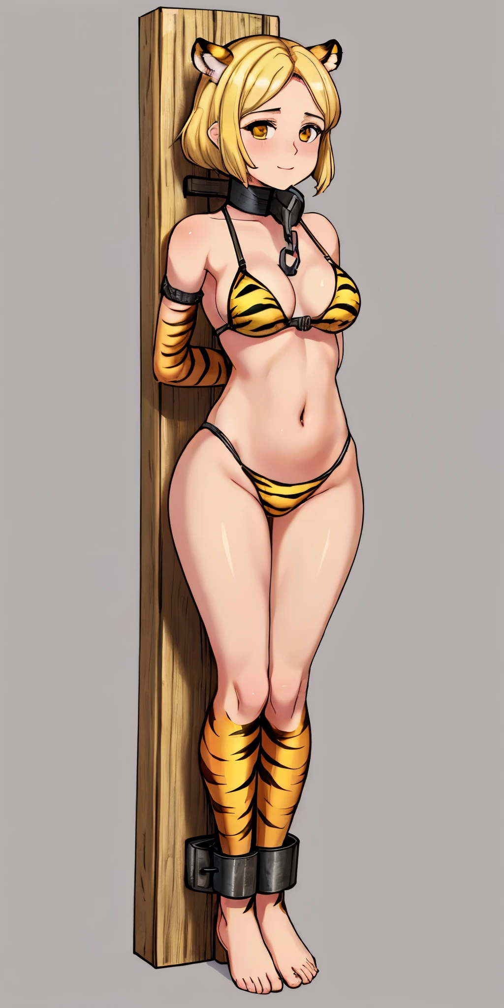 ((Masterpiece, 4k, plain background:1.2)) (handuffed behind her back)) Forest FIRE EMBLEM full body standing straight symmetrical, standing chained pole bondage sex slave, yellow tiger bikini print, happy closed mouth red cheeks