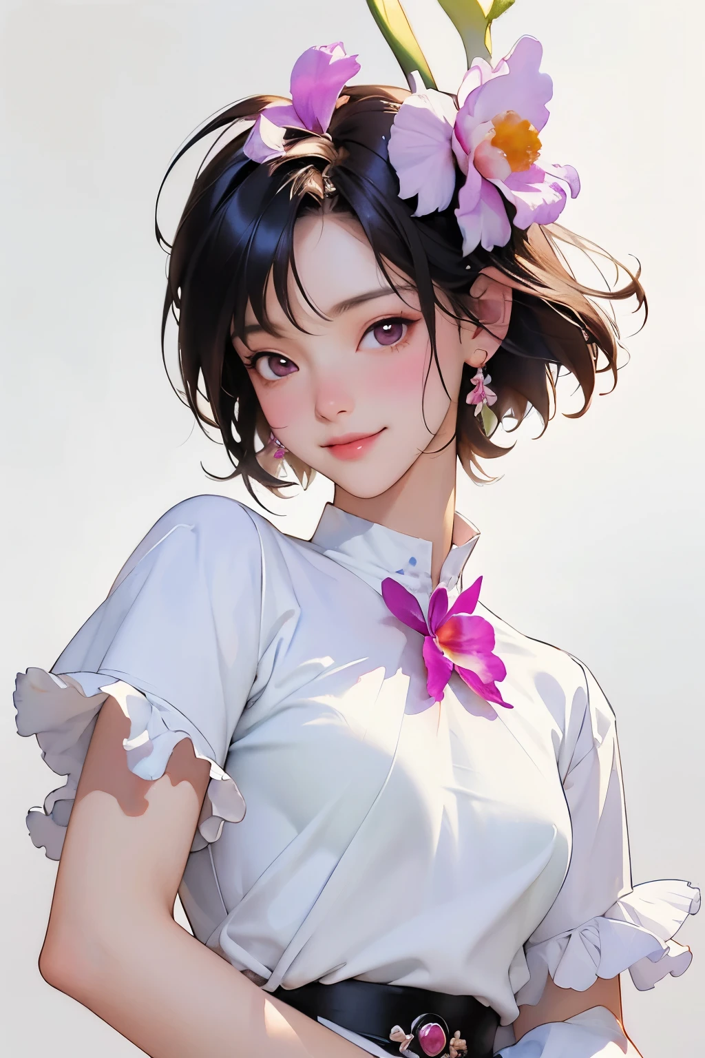 (highest quality、High resolution、masterpiece)、4K Anime Art、((Cattleya, Three Flowers, close, whole body, full bloom, ))、(Fairy、Short Hair、A kind smile、Small breasts)、Soft Focus、((Sargent-style watercolor))、((White Background))、(No background)、Blur the background、
