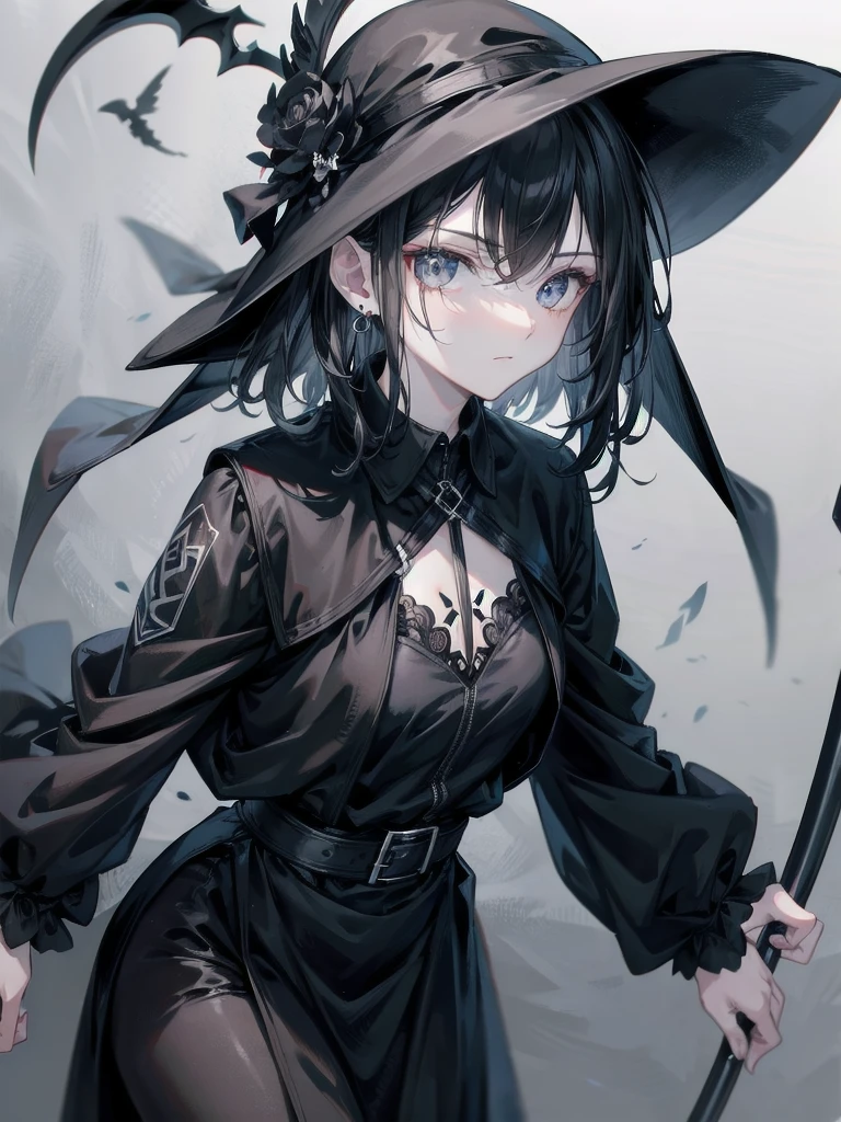 grim reaper, black scythe, floating in air, above ground, black blade, absurdres, RAW photo, extremely delicate and beautiful, masterpiece, Best Quality, ultra high resolution, 32k, hyperrealistic, ultra-detailed, detailed description, pale skin, 20 years old, tearful mole, earring, short medium hair, wavy hair, whole body shot,