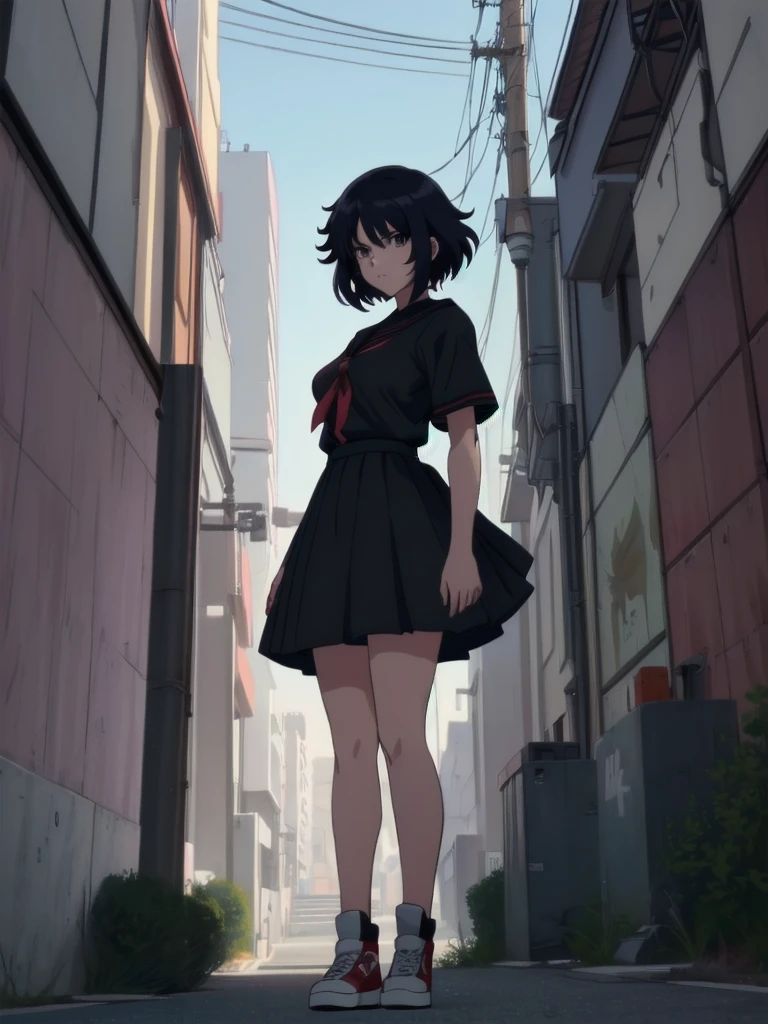 (perfect composition), (high resolution, masterpiece, ultra best quality, ultra HD, 4k,HD, high detailed ),anime character Sukeban delinquent girl standing on a city street corner in black seifuku with black very long skirt, anime style. 8k, anime style mixed with fujifilm, retro anime girl, anime styled digital art, in tokyo, anime style illustration, anime style 4 k, anime style artwork, anime poster film still portrait, tokyo anime scene, modern anime style, anime style digital art, short hair, 26year old, red converse,