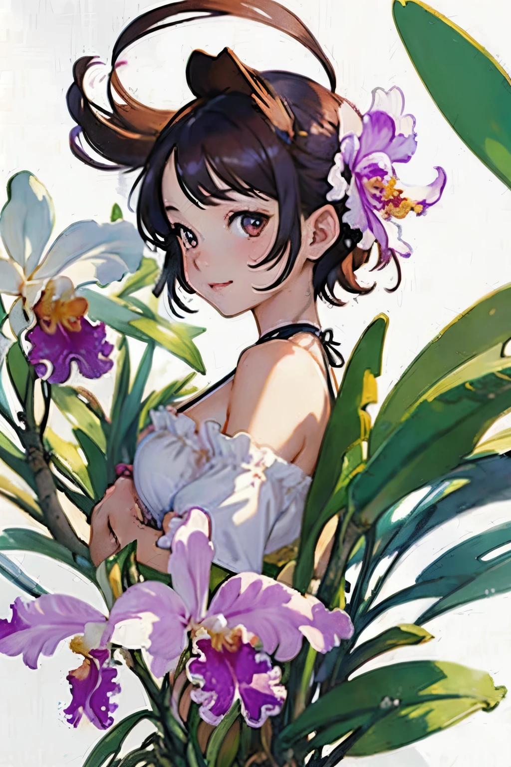 (highest quality、High resolution、masterpiece)、4K Anime Art、((Cattleya, Three Flowers, close, whole body, full bloom, ))、(Fairy、Short Hair、A kind smile、Small breasts)、Soft Focus、((Sargent-style watercolor))、((White Background))、(No background)、Blur the background、
