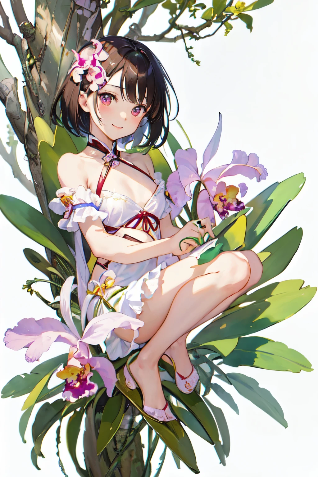 (highest quality、High resolution、masterpiece)、4K Anime Art、((Cattleya, Three Flowers, close, whole body, full bloom, ))、(Fairy、Short Hair、A kind smile、Small breasts)、Soft Focus、((Sargent-style watercolor))、((White Background))、(No background)、Blur the background、