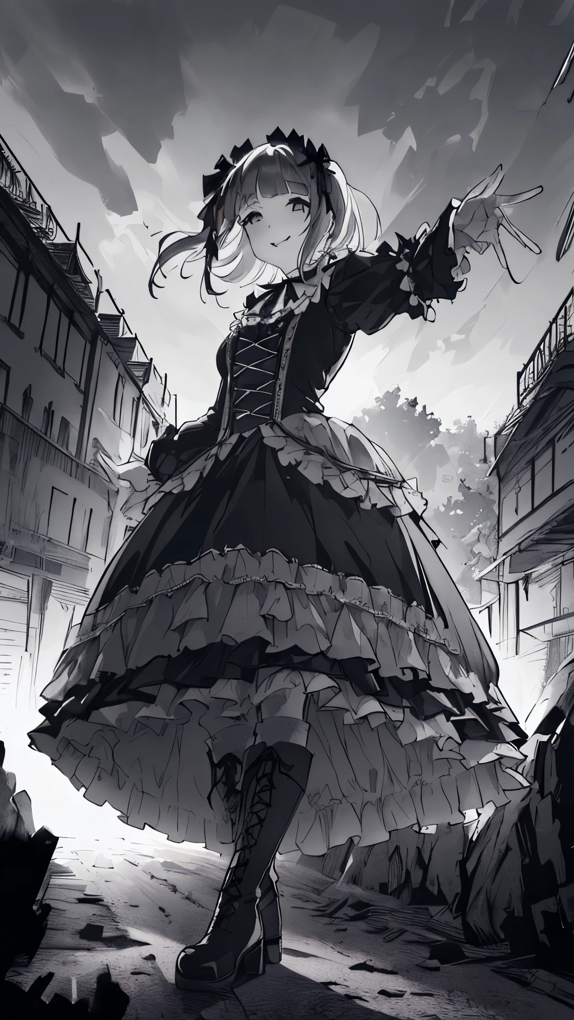 (((Top quality ultra detail,Unity 8k))),(((grayscale,Black and White))),(Gothic ****ta:1.2),long dress,Lace-up boots,smile,Wide Shot,((Outdoor)),Various poses,haruka amami,