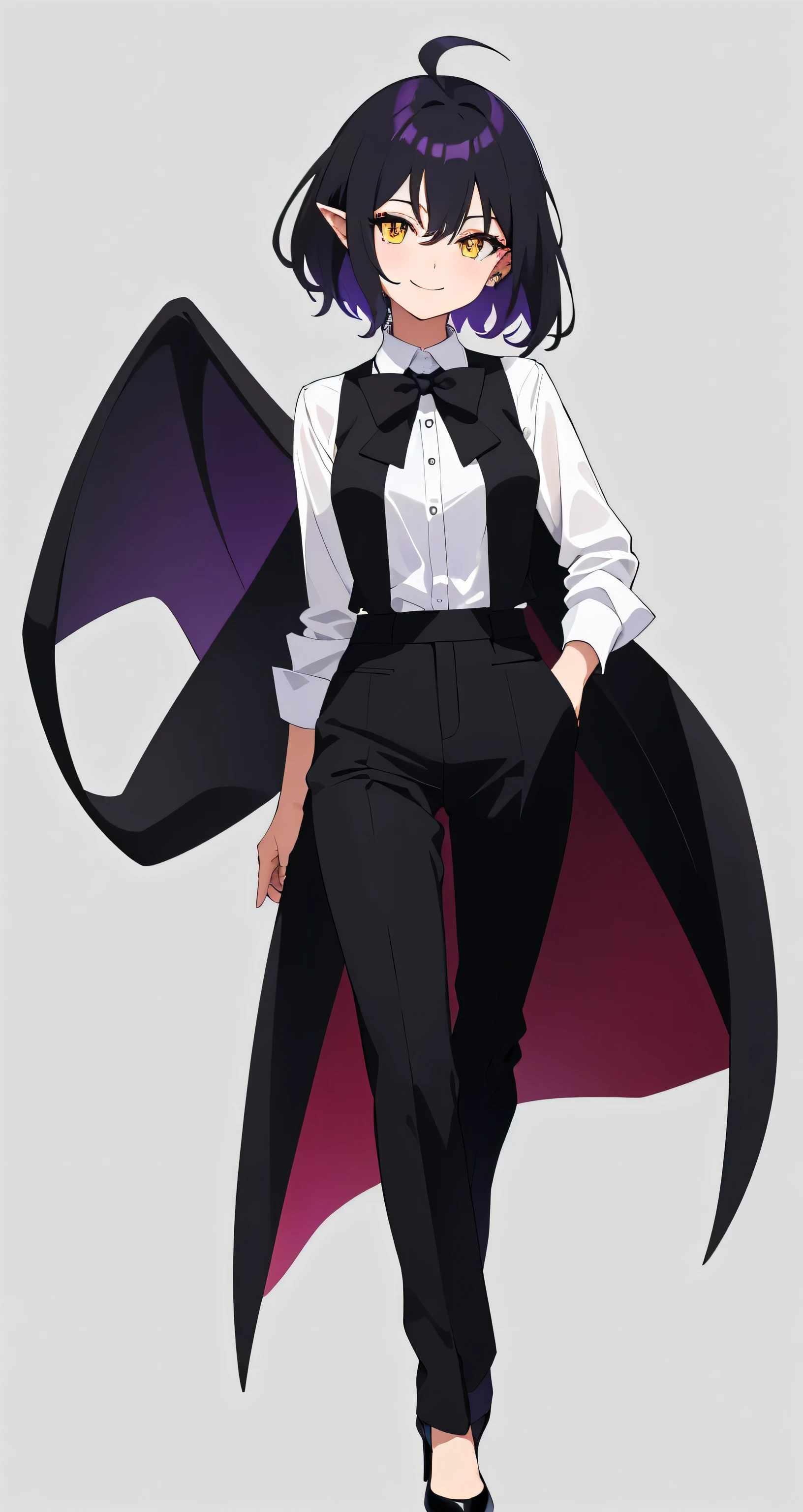 Simple Background, (whole body, upright,Wearing stiletto heels), Young girl, (purplish-black hair, Short hair to the shoulders, Hair between the eyes, Ahoge), Yellow Eyes, (Pointy Ears), ((Office Suits)), White button-up shirt, Black vest, Black stiletto heels, Black slacks, Black bow tie,Mid-chest, Wear stiletto heels), smile, Smiling Kindly,masterpiece, high quality, whole body, Are standing,Facing forward,Simple white background, Look forward and stand, upright