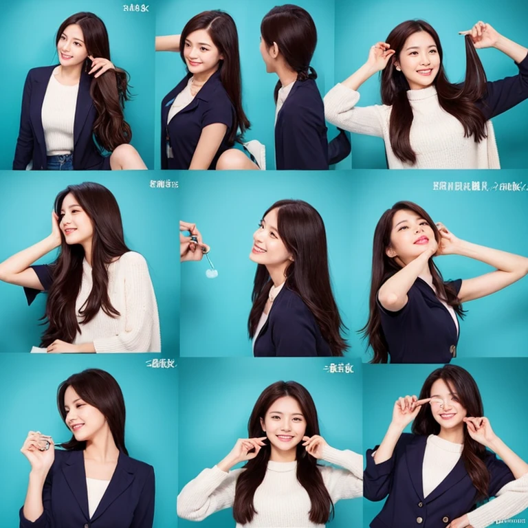 Create beautiful woman 10 pic with different poses and different background