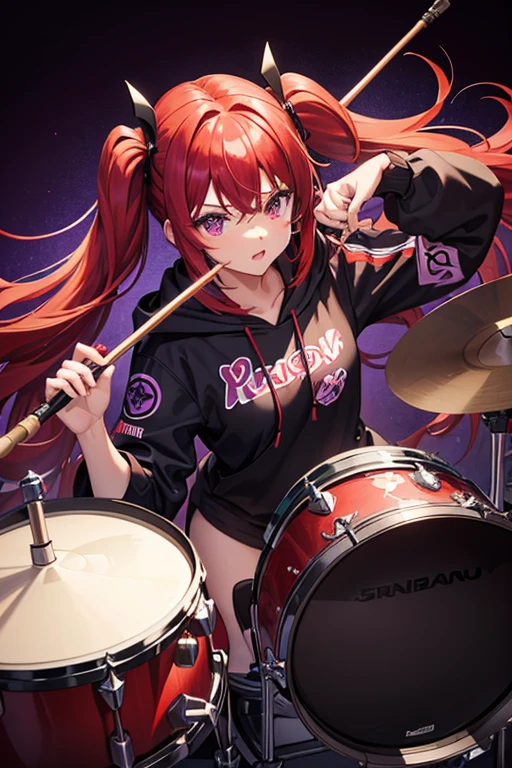 background through, long hair、straight hair、Crimson red hair girl, purple eyes、Super high quality, 8K、Upper body、purple background、drummer、black hoodie、purple drum、big tits, Crimson red-haired girl、black hoodie,purple line, playing drum, drum stick, playing drum,twintails
