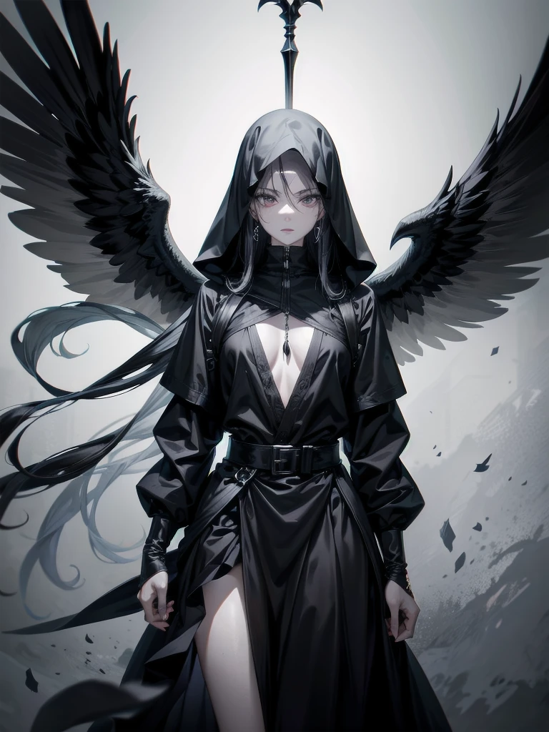 grim reaper, black scythe, floating in air, above ground, black blade, absurdres, RAW photo, extremely delicate and beautiful, masterpiece, Best Quality, ultra high resolution, 32k, hyperrealistic, ultra-detailed, detailed description, pale skin, 20 years old, tearful mole, earring, short medium hair, wavy hair, whole body shot,
