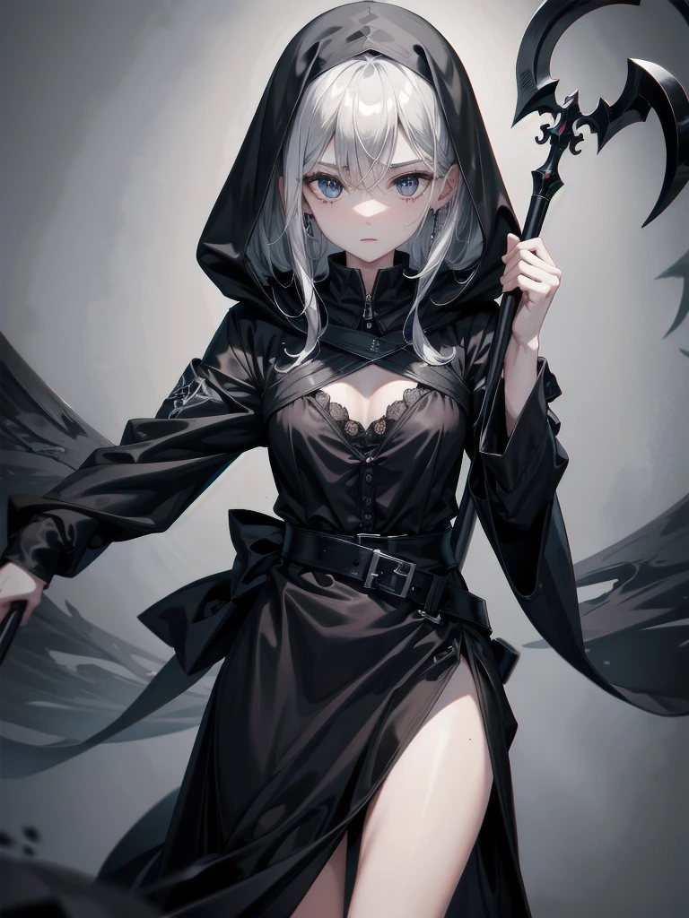 grim reaper, black scythe, floating in air, above ground, black blade, absurdres, RAW photo, extremely delicate and beautiful, masterpiece, Best Quality, ultra high resolution, 32k, hyperrealistic, ultra-detailed, detailed description, pale skin, 20 years old, tearful mole, earring, short medium hair, wavy hair, whole body shot,