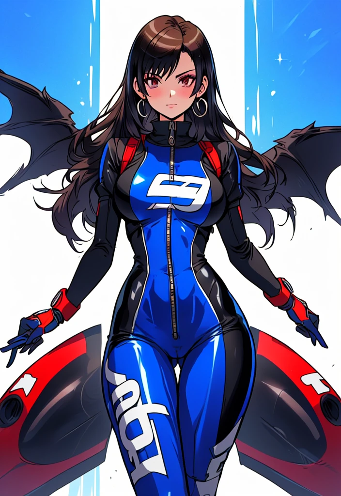 (a cartoon picture of a solo woman in a blue latex suit inspired by: nico robin, tifa lockhart, marin kitagawa fanart, hinata hyuga, mayuri shiina, character from king of fighters, drawn like the anime speed racer), seductive anime girl,  thicc, biomechanical oppai, on a racetrack, oppai, wearing tight suit, cyberpunk racetrack, (illustration inpired by : f zero, redline, wipeout, speed racer and king of fighters)