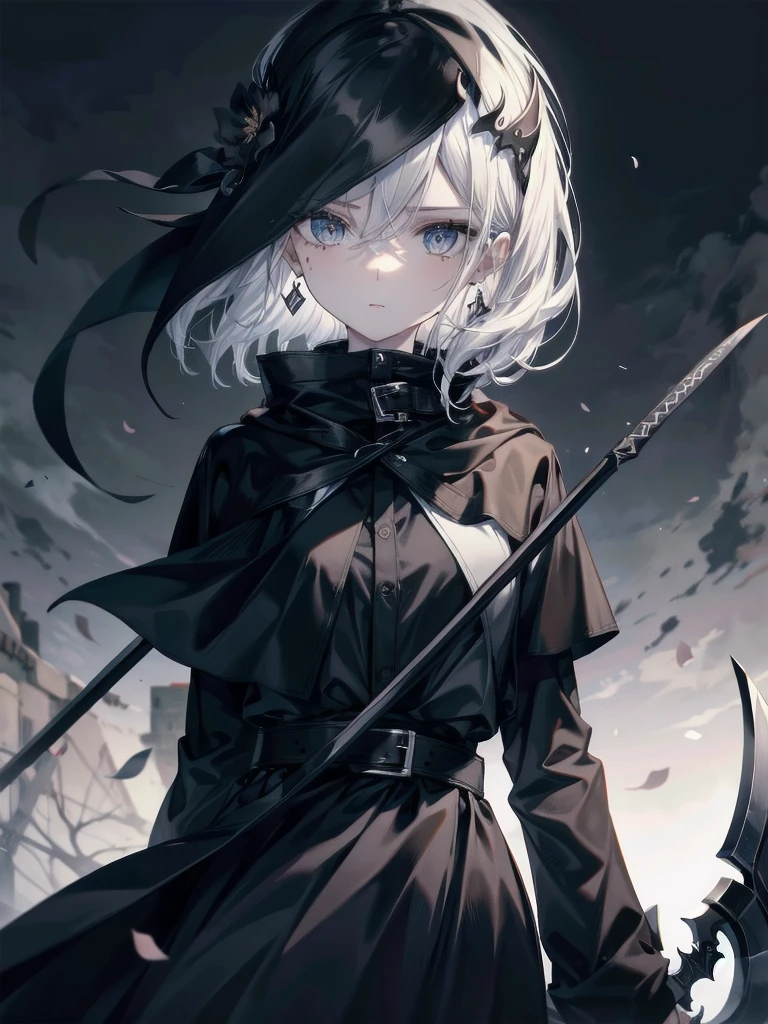 grim reaper, black scythe, floating in air, above ground, black blade, absurdres, RAW photo, extremely delicate and beautiful, masterpiece, Best Quality, ultra high resolution, 32k, hyperrealistic, ultra-detailed, detailed description, pale skin, 20 years old, tearful mole, earring, short medium hair, wavy hair, whole body shot,