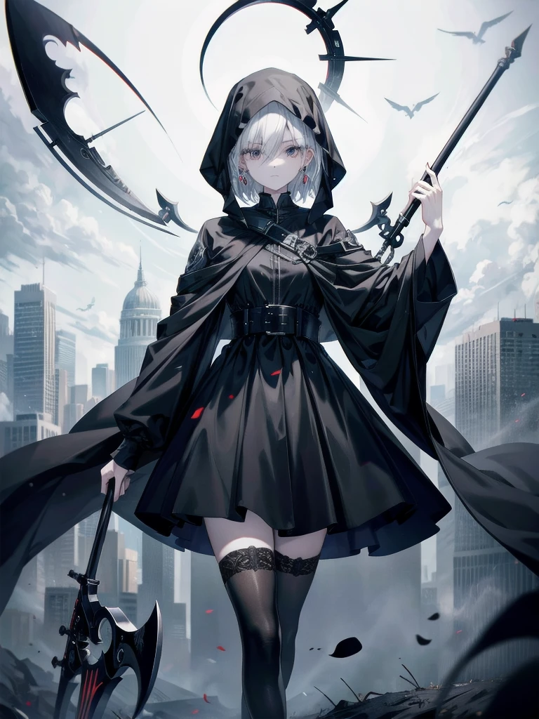 grim reaper, black scythe, floating in air, above ground, black blade, absurdres, RAW photo, extremely delicate and beautiful, masterpiece, Best Quality, ultra high resolution, 32k, hyperrealistic, ultra-detailed, detailed description, pale skin, 20 years old, tearful mole, earring, short medium hair, wavy hair, whole body shot,