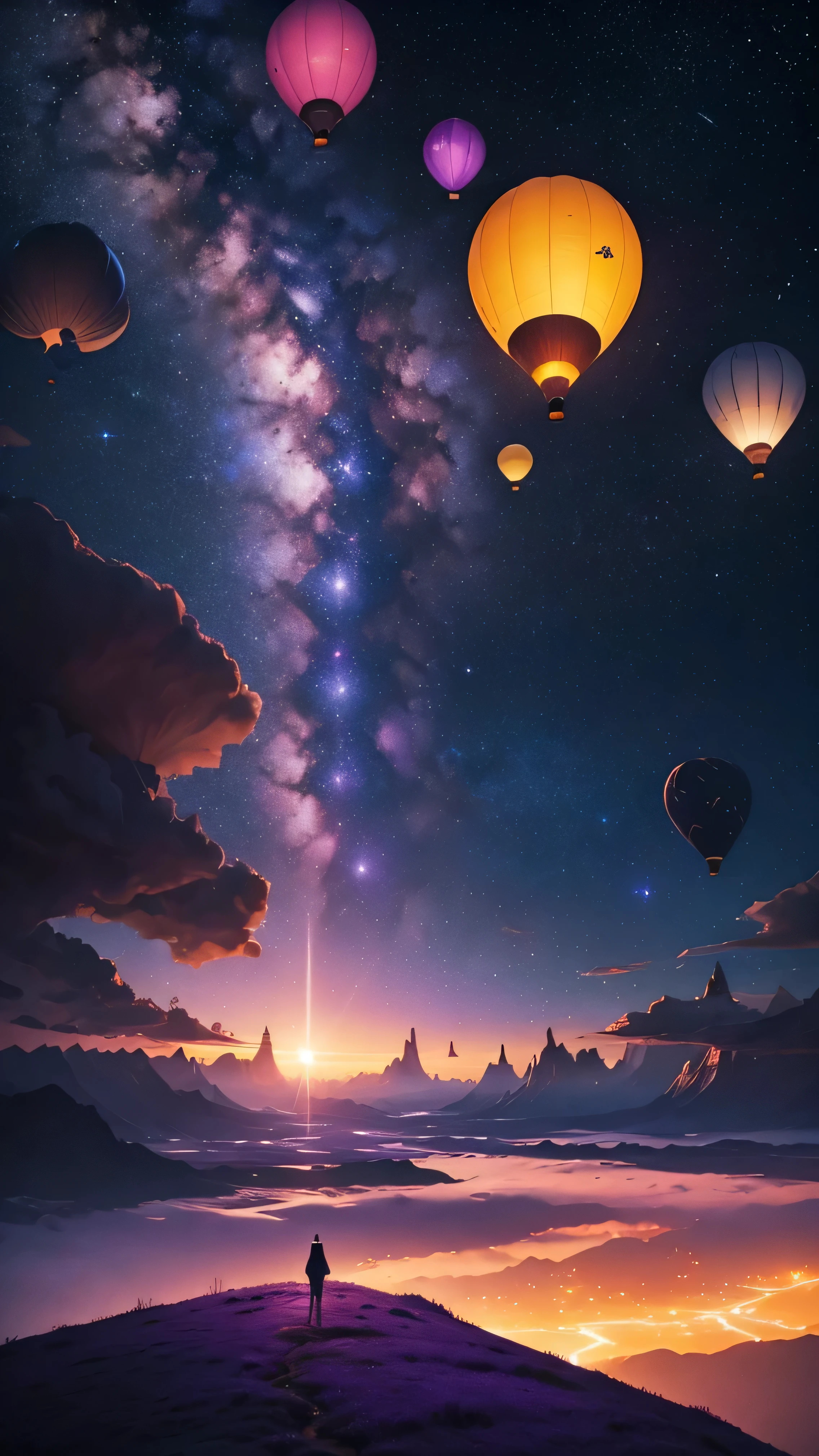 An otherworldly, surreal landscape with a vibrant purple and golden sky filled with sparkling stars and hot air balloons floating gracefully. The sky appears to swirl like a galaxy, creating a mesmerizing vortex effect. Below, a winding road leads into the horizon, with cars parked alongside and tiny silhouettes of people gazing at the breathtaking scene. The atmosphere is magical and dreamlike, with exaggerated colors and fantastical elements