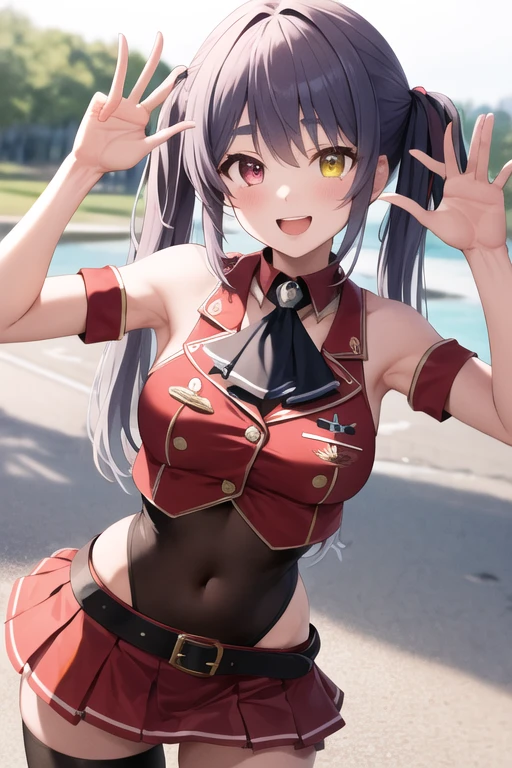 masterpiece, highest quality, High resolution, bb Marine, Twin tails, Heterochromia iridis, Red Ascot, Exposing shoulders, Red Shirt, Bare arms, No sleeve, See through, (Leotards worn under clothing:1.2), Covered navel, belt, Pleated skirt, Red Skirt, Black knee socks, smile, wave hands, Open your mouth, Outdoor