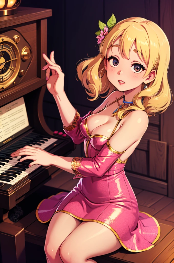a 1970s woman opening a packaging of a solfège-inspired playing card, surrounded by a music box, vintage radio, and retro artstyle. The woman's outfit reflects the fashion of the 70s, with vibrant colors and patterns. The playing card features intricate designs and musical symbols, symbolizing the solfège system. The music box plays a nostalgic melody, adding to the ambiance of the scene. The vintage radio emits soft tunes, reminiscent of the 70s era. The overall artstyle of the image is inspired by the vibrant and psychedelic art styles popular in the 70s, with bold colors, abstract patterns, and intricate details. The color palette includes warm and earthy tones, with pops of vibrant colors. The lighting showcases a warm glow, highlighting the details of the playing card and the woman's expression. The image should have high image quality, with fine details visible even at a close-up. The scene captures the essence of the 70s, evoking nostalgia and a sense of joy.