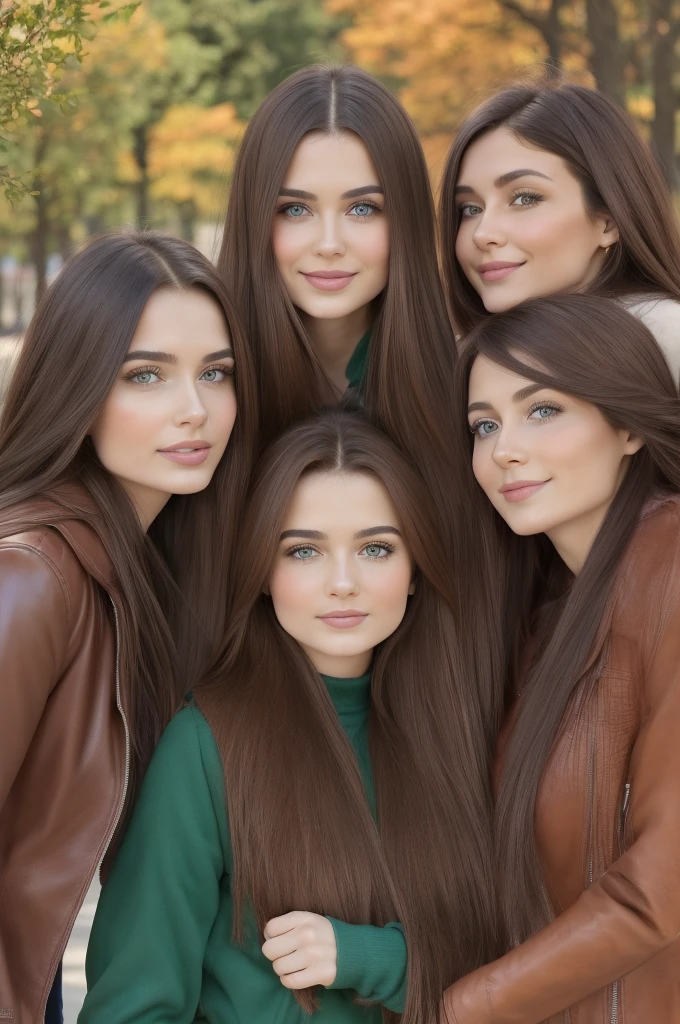 Professional photograph, best quality, 8K, hyper detailed, half body, A close up portrait of four gorgeous, beautiful, wonderful women, argentinian, russian croatian and serbian females together posing for the camera. All girls have super long hair, serbian and argentinian girl has dark brown hair, croatian girl has light brown hair, and russian girl has red-brown hair. They are wearing winter outfits, all girl are wearing leather jackets. They are wonderful, dream, ethereal, timeless, majestic beauties from Argentina, Croatia, Russia and Serbia. One hispanic and three slavic females who are dream beauties who comes to the hearts. They're glad, smiling and enjoying a day at park in fall afternoon. True friendship, they pose happy for the camera.