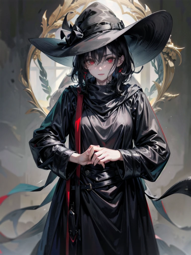 black French wide-brimmed hat, black trench coat, Black scarf, Gauze wrapped around the neck, absurdres, RAW photo, extremely delicate and beautiful, masterpiece, Best Quality, ultra high resolution, 32k, hyperrealistic, ultra-detailed, detailed description, pale skin, 20 years old, tearful mole, earring, short medium hair, wavy hair, whole body shot, legs, Red eyes,