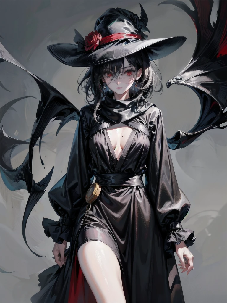 black French wide-brimmed hat, black trench coat, Black scarf, Gauze wrapped around the neck, absurdres, RAW photo, extremely delicate and beautiful, masterpiece, Best Quality, ultra high resolution, 32k, hyperrealistic, ultra-detailed, detailed description, pale skin, 20 years old, tearful mole, earring, short medium hair, wavy hair, whole body shot, legs, Red eyes, 