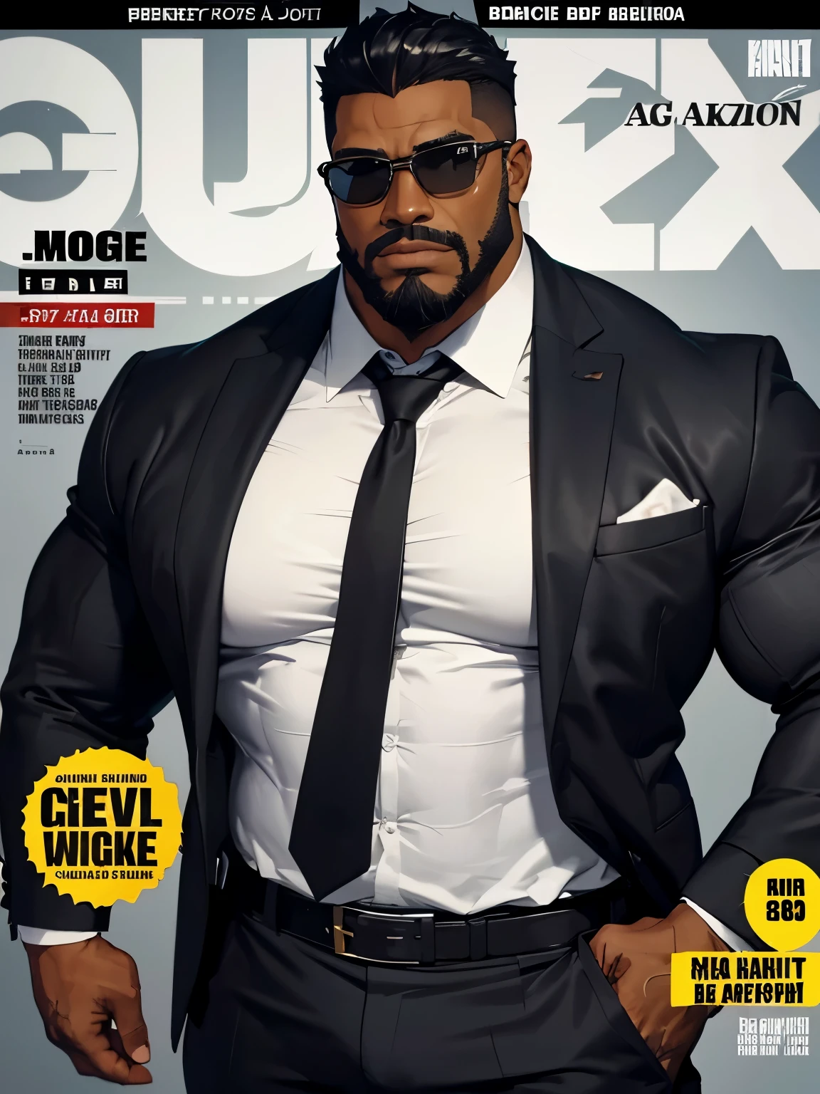 (magazine cover), with text, solo, 1boy, (Huge Muscular black man as a security guard, shirtless, wearing black suit, business pants with belt) (short hair), pectoral, sunglasses, abnormal muscle size, very big muscle, (tan skin: 1.2), (crotch bulge: 1.2), absurdly muscle size, huge pectoral, wide pectoral, (bara pecs: 1.4), (hairy chest: 1.1), short hair, short bearded, simple background, masterpiece, high detailed, 8k, high resolution, --style 250, -- v 6.0