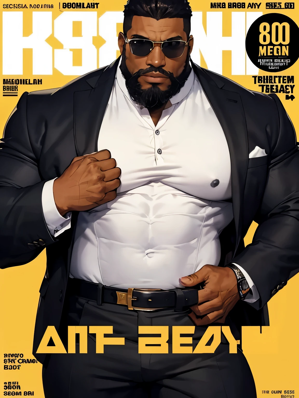 (magazine cover), with text, solo, 1boy, (Huge Muscular black man as a security guard, shirtless, wearing black suit) (short hair), pectoral, sunglasses, abnormal muscle size, very big muscle, (tan skin: 1.2), (crotch bulge: 1.2), absurdly muscle size, huge pectoral, wide pectoral, (bara pecs: 1.4), short hair, short bearded, simple background, masterpiece, high detailed, 8k, high resolution, --style 250, -- v 6.0