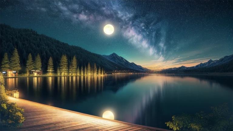 A huge bottle，There is a majestic lake inside ,  Very high quality and very detailed scenes , octane rendering, starry sky , Dream , Huge green moon , paradise walter , inspiration, imagination  