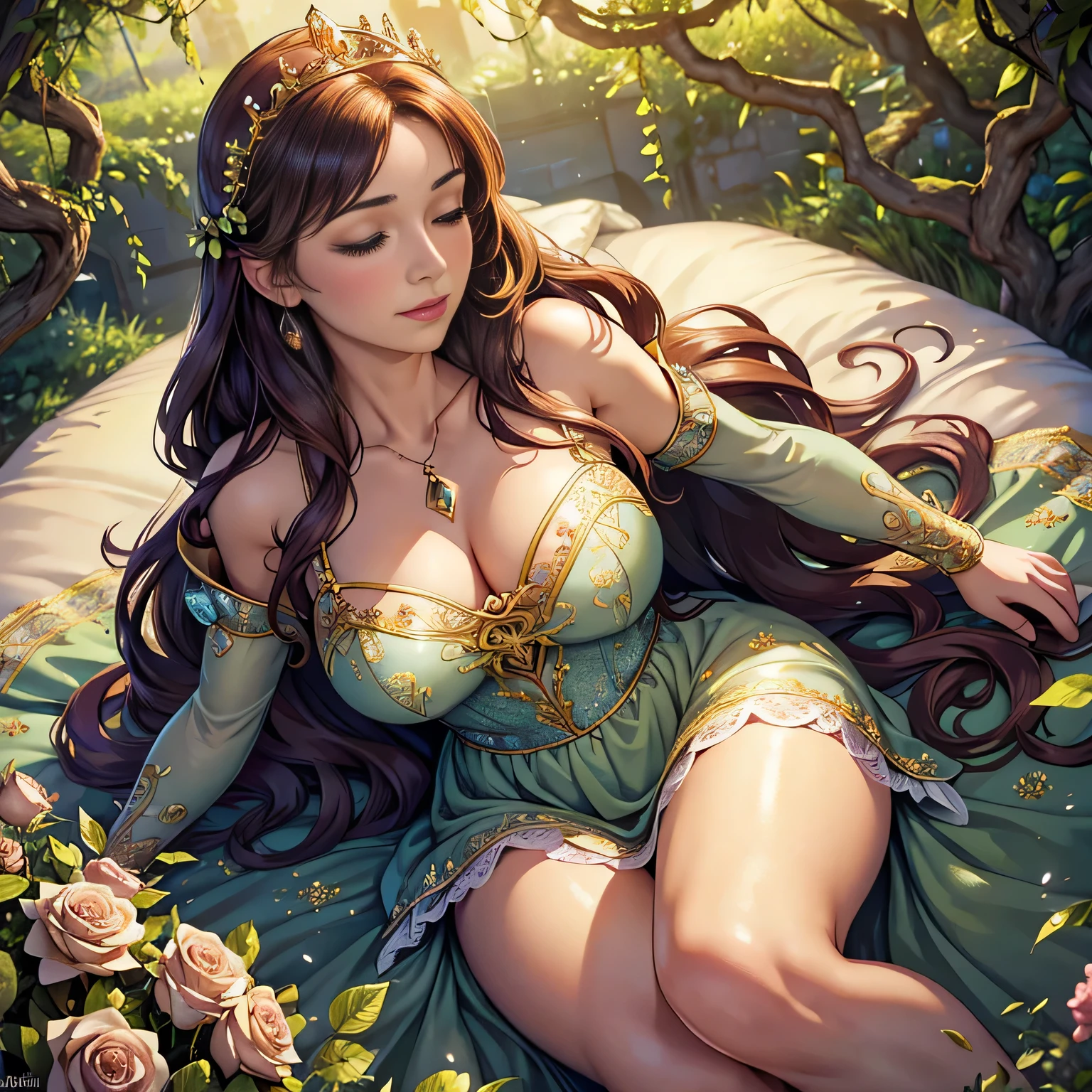 (best quality,4k,8k,highres,masterpiece:1.2),ultra-detailed,(realistic,photorealistic,photo-realistic:1.37),awakening,enchanted curves,sleeping beauty,castle bed,overgrown with roses,petals floating in the air,golden sunlight glistening through the trees,ethereal atmosphere,majestic palace,blossoming flowers,serene princess,soft pastel hues,magical ambiance,sprawling garden,delicate vines,enchanted forest,whispering wind,leaves rustling,delicate lace curtains,ornate chandelier,floaty tulle dress,delicate embroidery,dreamy haze,fairy tale,romantic,storybook,enchanted slumber,vibrant colors,breathtaking details,fantasy setting,queen-like beauty,dainty tiara,golden locks,triumphant awakening,Elysian,Briar Rose,enchanted sleep,royal charm,sparkling eyes,lovely smile,sweet dreams,long-awaited moment,joyful celebration,awestruck guests,fantasy dreamscape,captivating artwork.